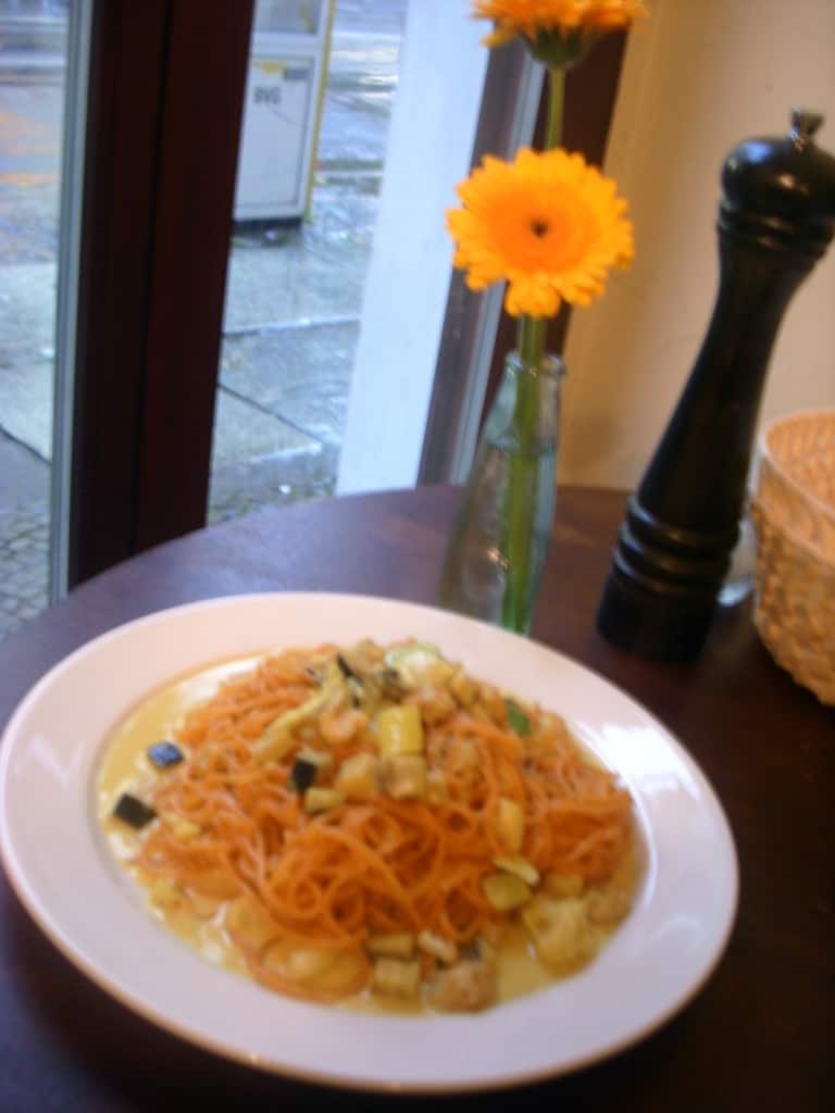 Paprika pasta with eggplant, green onions, and coconut curry sauce - yum!